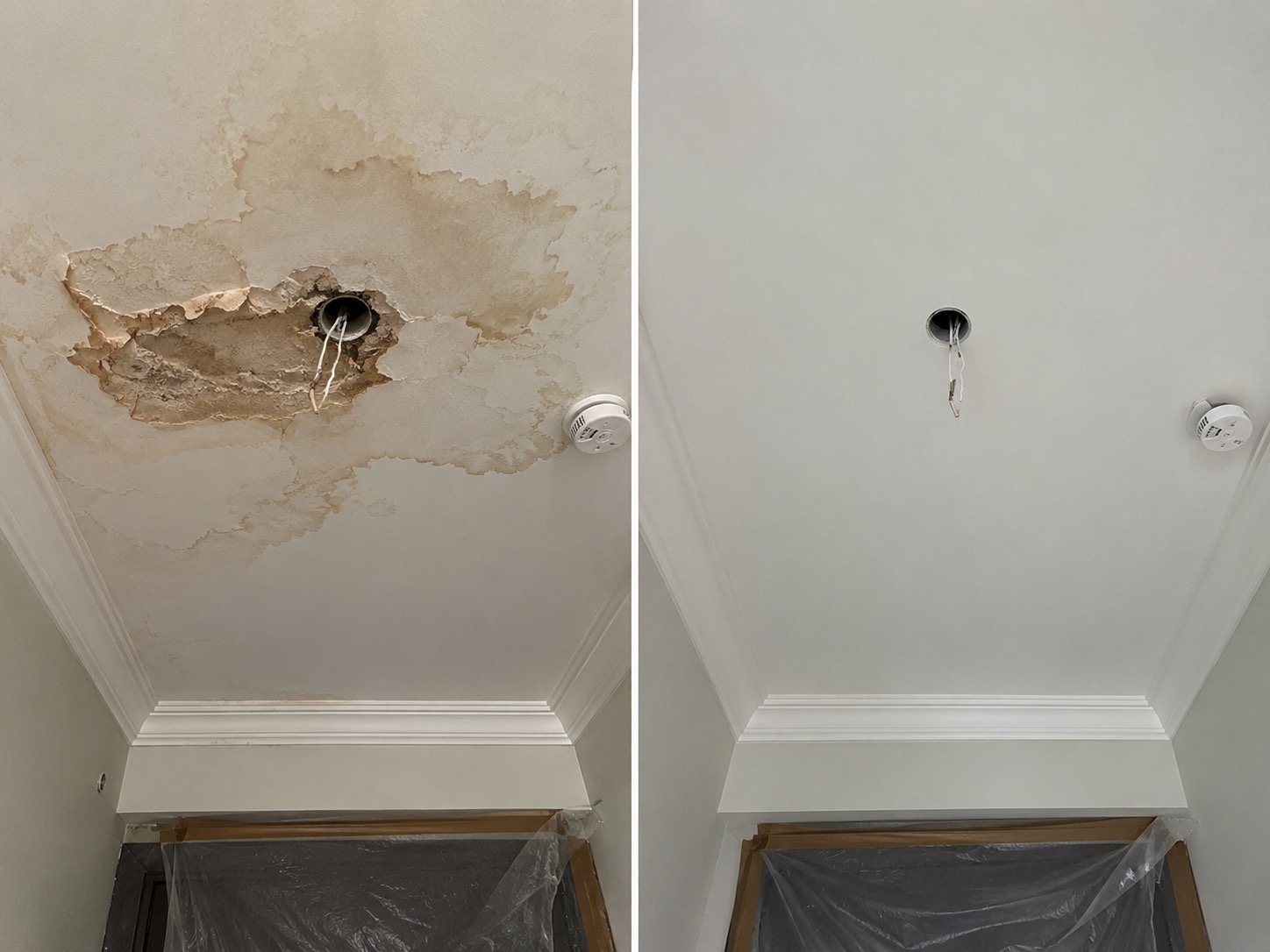 Before and after of a water-damaged ceiling repaired and redecorated