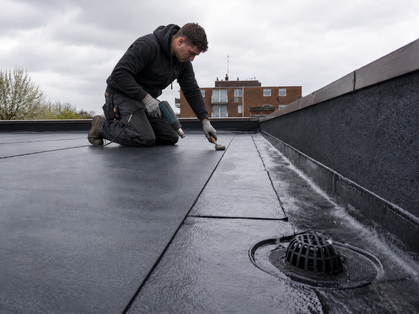 Flat roof membrane repair on a residential block