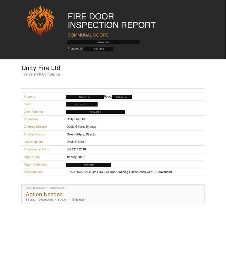 Unity Fire inspection report — inspection cover page, client and building details redacted